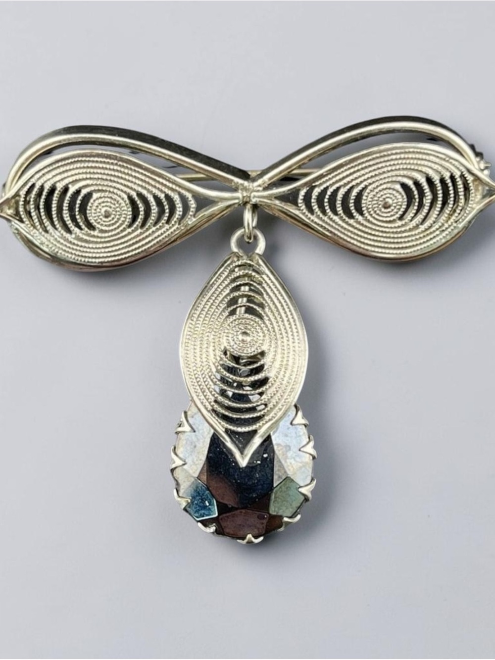 VTG Signed West Germany Silver Tone Filigree Dangle Drop Brooch Hematite Glass